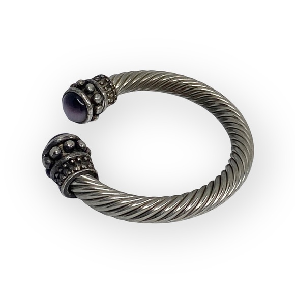 Vintage: Purple Cats Eye Cabochon Gems ❁ Twisted Silver Cable Bangle Bracelet ❁ - Picture 14 of 16